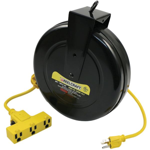Reelcraft LD2030 143 9 - 14/3 30' Light Duty Triple Outlet Power Cord Reel