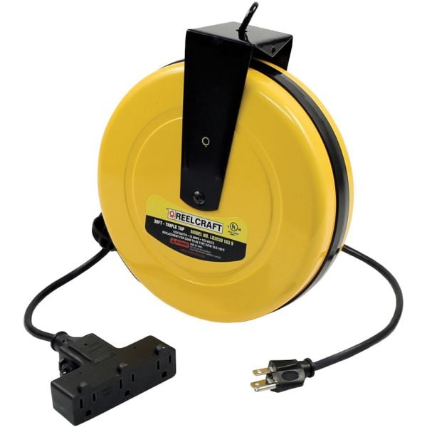 Reelcraft LD2030 163 9 - 16/3 30' Light Duty Triple Outlet Power Cord Reel